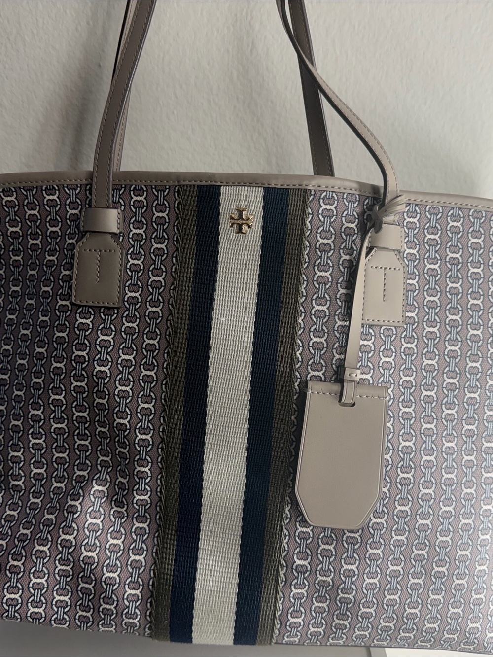 Tory Burch Beige and Navy Striped Logo Tote